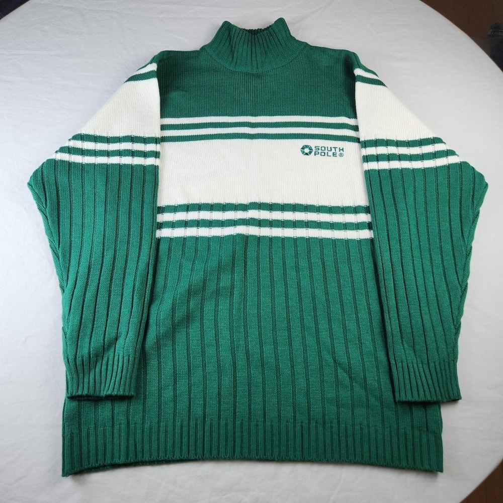 Southpole Mens Turtleneck Sweater Ribbed Green White Striped Vintage 90s M